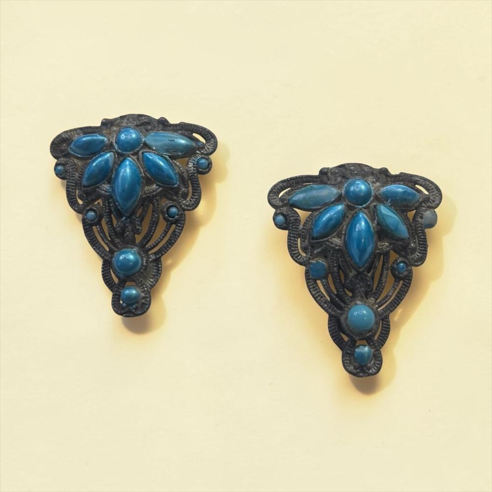 Peacock Blue Scrollwork Dress Clips Pair Art Deco Vintage Gothic Romance